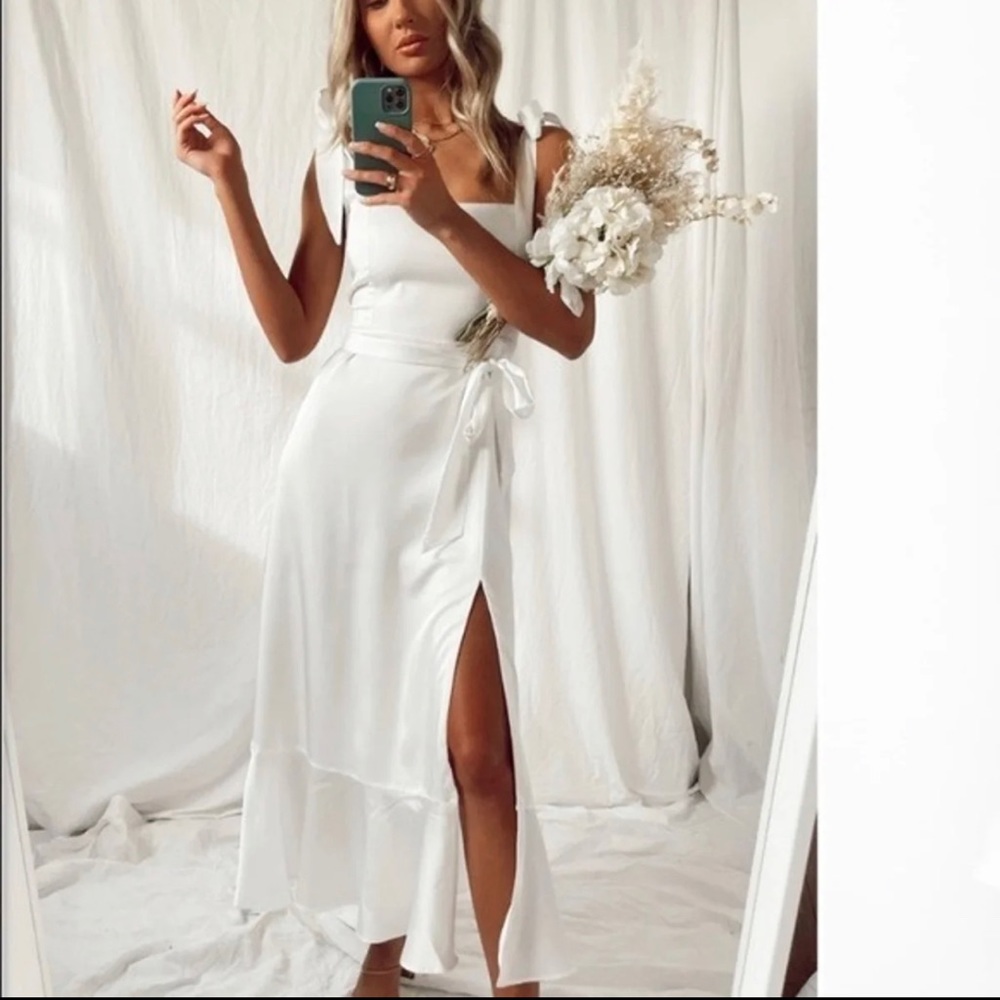 Show Me Your Mumu Garden Midi Dress Ivory Luxe Satin M